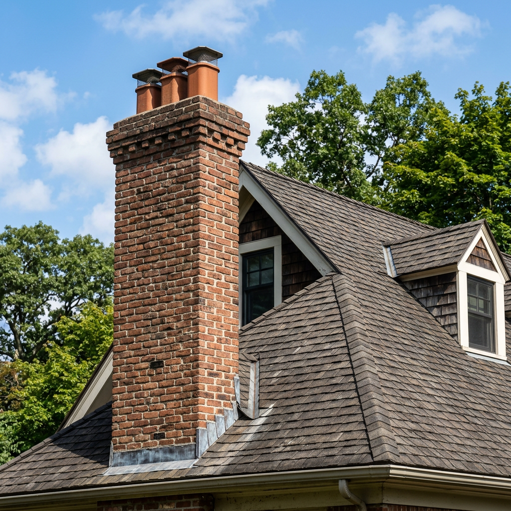 Brick chimney with terracotta chimney pots on grey shingle roof featuring dormer windows